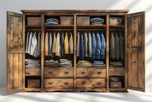 a large wooden closet with clothes on it