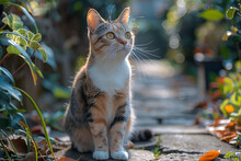 a cat sitting on a stone path