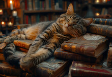 a cat lying on a pile of books