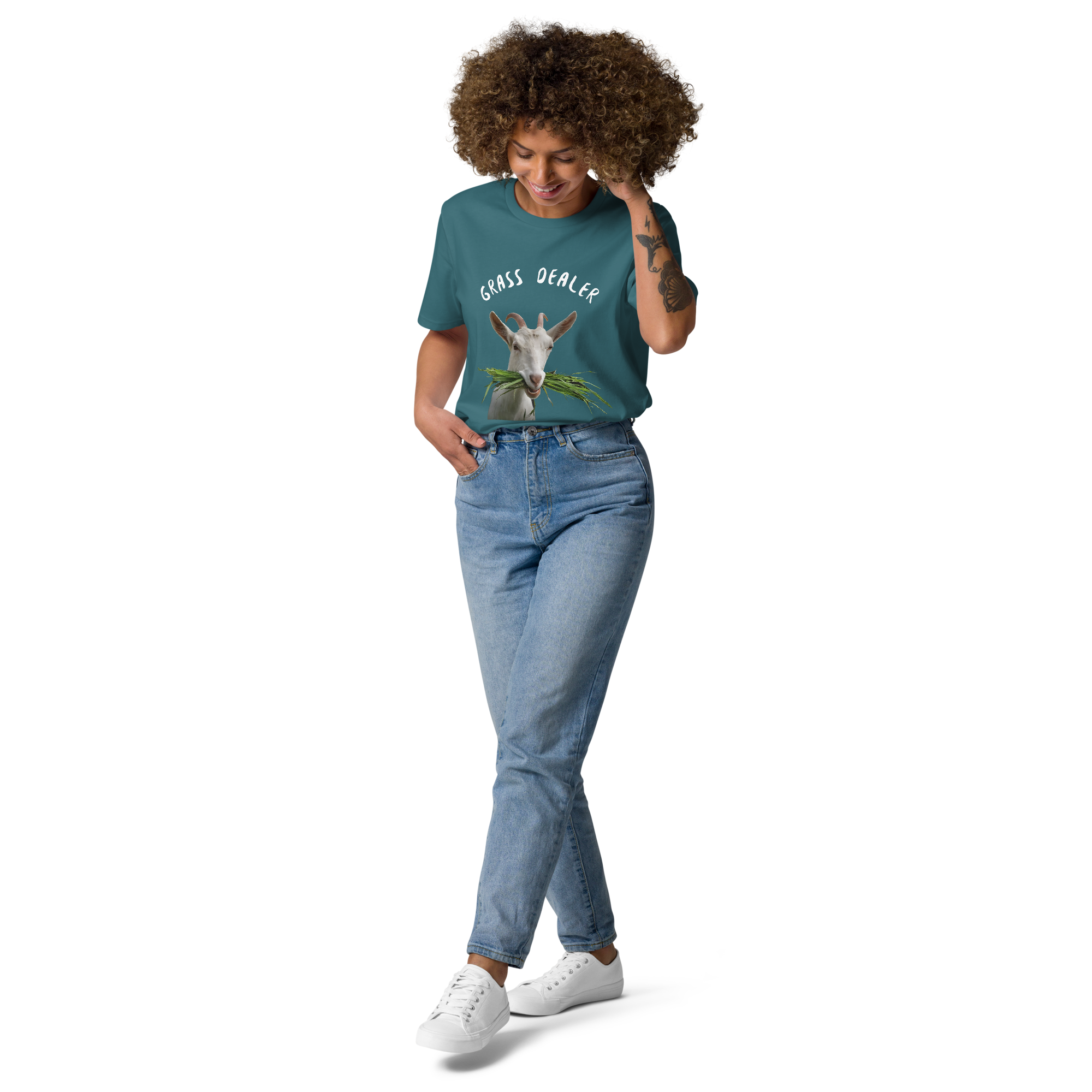 a woman with curly hair and a t-shirt