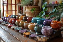 a group of colorful bowls on a table