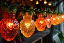 a string of lights with fruit shaped objects