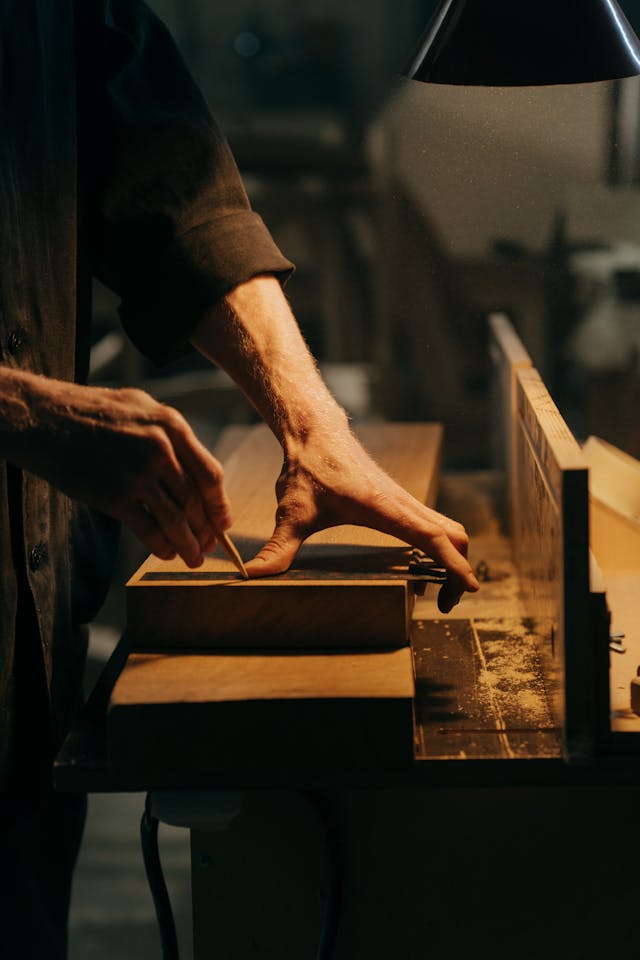 a person using a pencil to mark a piece of wood