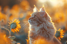 a cat looking at a flower