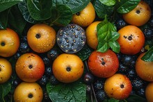 a group of oranges and black berries