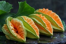 a group of orange and green fruits