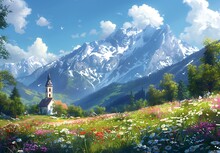 a landscape with a church and mountains