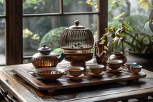 a tray with teapots and cups on it