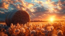 a field of flowers with a bale of hay