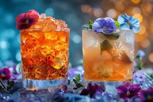 two glasses with ice and flowers