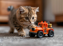 a cat playing with a toy truck