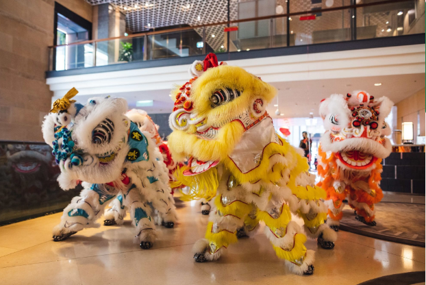 a group of colorful lion dance clothing