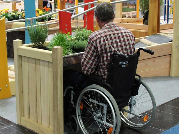 a man in a wheelchair in a planter