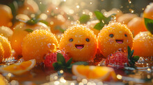 a group of orange balls with faces