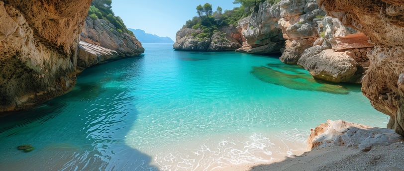 a body of water with rocks and trees