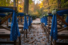 chairs with blue cloths and white polka dots on them