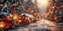 a snow covered ground with lights and a lit up house