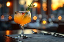 a glass of orange drink with a sprig of rosemary on a table