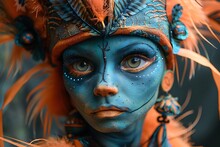 a woman with blue face paint and orange hat