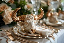 a table setting with a bull head