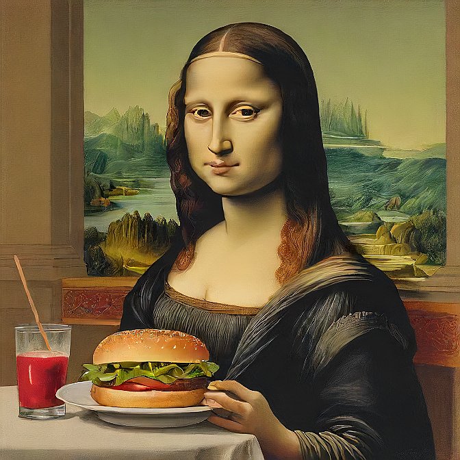 a painting of a woman with a burger and a drink