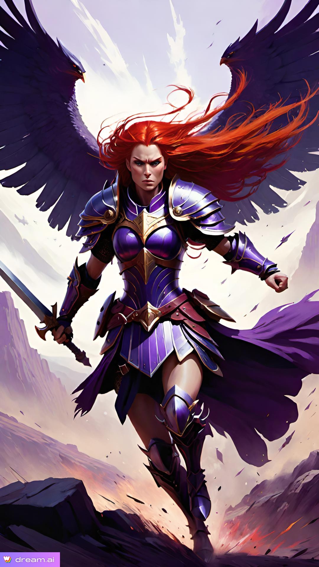 a woman in armor with wings and a sword