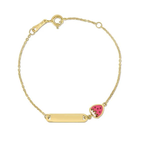 a gold bracelet with a strawberry and a bar