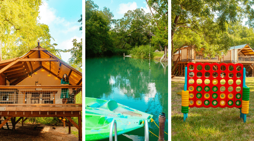 a collage of a park with a lake and a boat