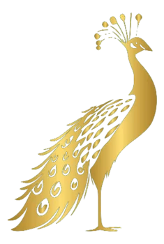 a gold peacock with a hat on