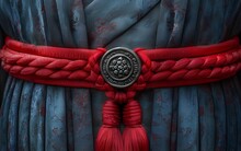 a red and blue belt with a button