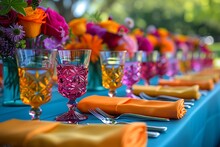 a table with colorful napkins and glasses