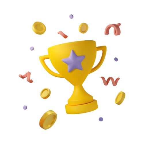 a yellow trophy with a purple star surrounded by coins