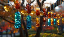 a group of colorful glass objects from a tree