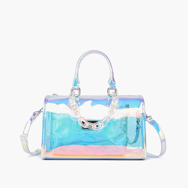 a holographic handbag with a chain