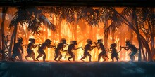 a group of monkeys walking in front of a fire