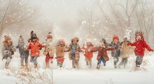 a group of children running in the snow