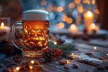 a glass of beer with a candle on a table