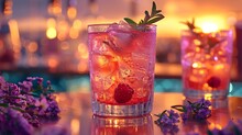 a glass of pink drink with ice and berries