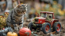 a cat standing next to a toy tractor