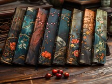 a row of books with flowers on them