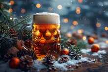 a mug of beer with a foamy top and a few pine cones