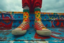 a person wearing red and yellow shoes and colorful socks