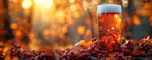 a glass of beer on a pile of grapes