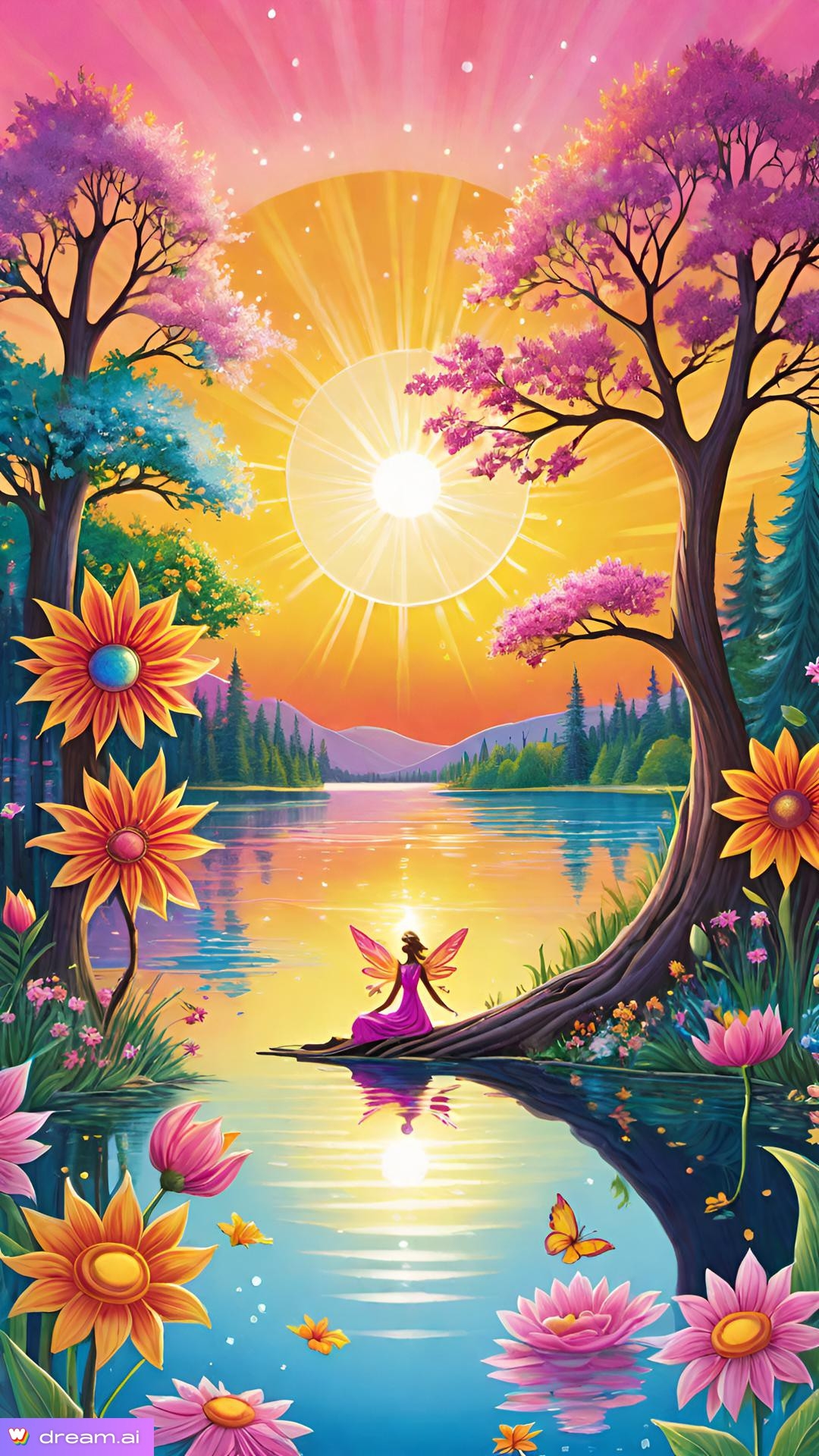 a fairy sitting on a log by a lake with flowers and trees