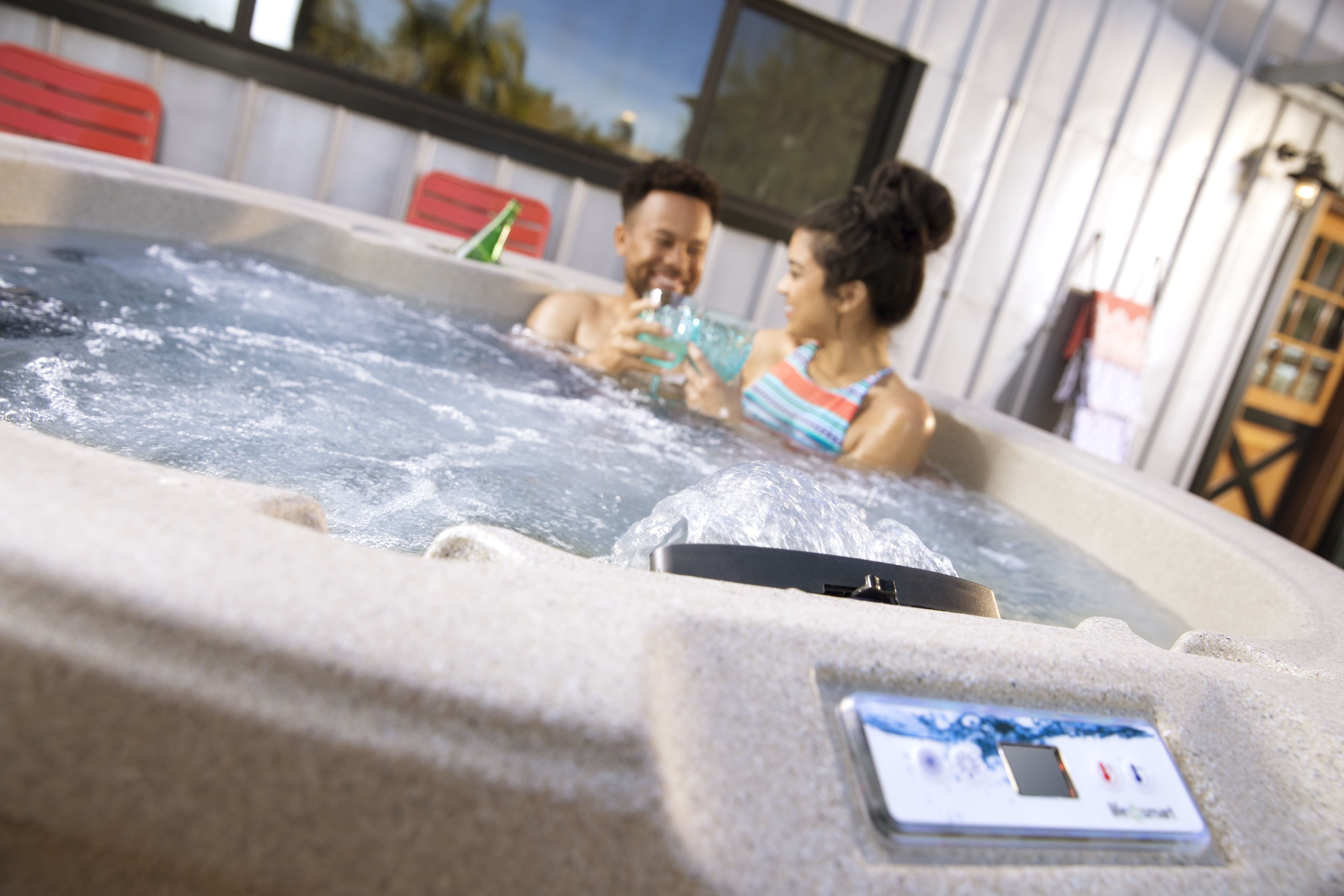 a man and woman in a hot tub