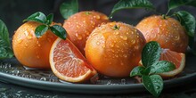 a plate of oranges with leaves