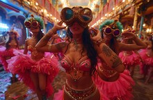 a group of women wearing pink tutu and goggles