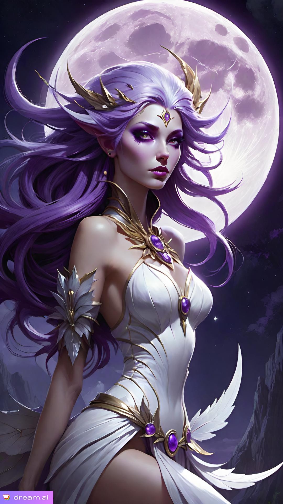 a woman with purple hair and a white dress