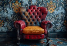 a red and yellow chair in a room