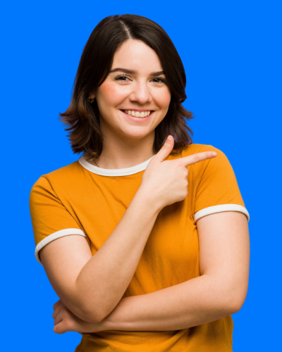 a woman pointing to a blue background